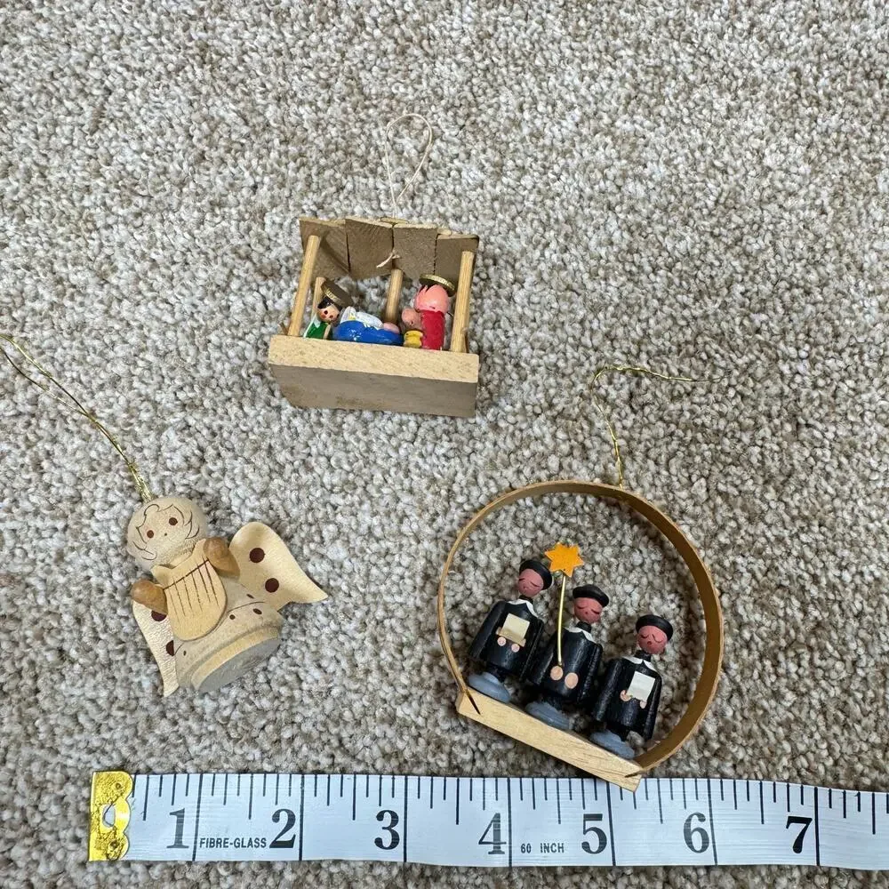 VTG Christmas Ornaments erzgebirge style nativity Painted Set of 3 wooden